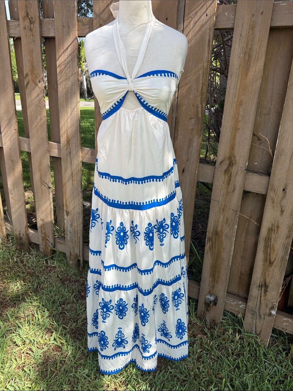 White & Blue Halter Maxi Dress - Elegant Summer Style